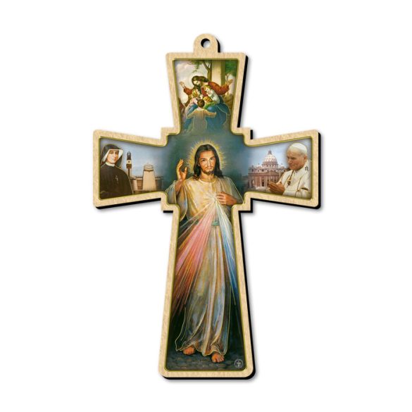  Kereszt formájú faplakett aranyozott szentképekkel 