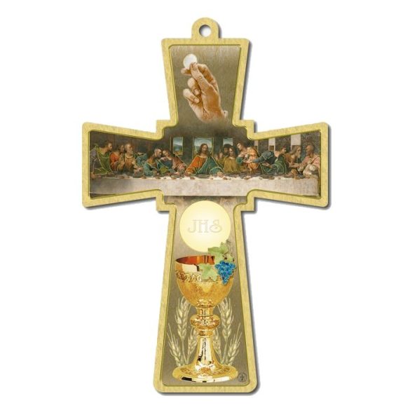  Kereszt formájú faplakett aranyozott szentképekkel 